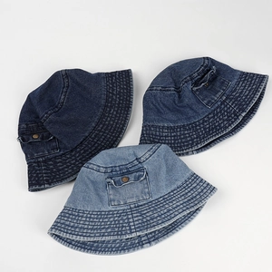 Vintage denim bucket hats with side pockets in dark, medium, and light wash blue