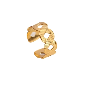 Polished 18K gold-plated titanium steel adjustable open ring with woven texture design