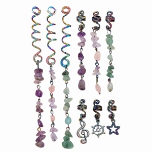 Rainbow braided hair accessories set with natural crystal beads and metal charms