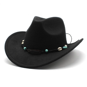 Close-up of black felt cowboy hat with turquoise beads and shell braided band