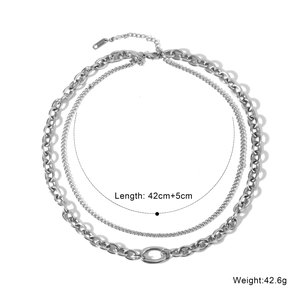 Double-layer silver stainless steel necklace with thick chain detail, 42cm+5cm length