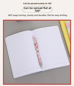 Detail of 180 degree flat lay notebook with 0.5mm pink cherry design gel pen set
