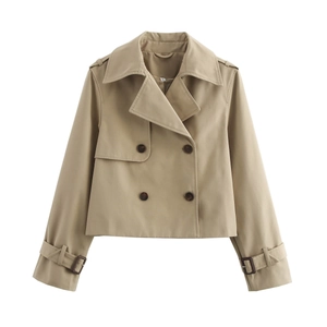 Classic khaki short trench coat jacket for women with double-breasted design and lapels
