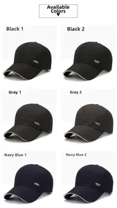 Detail view of cotton baseball caps in black, grey, and navy with various stylish metal logos