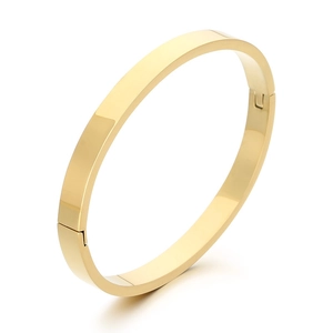 Minimalist gold-plated stainless steel oval bangle with high-polished mirror finish
