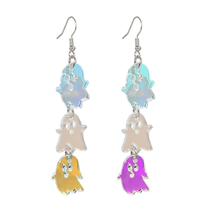 Halloween iridescent acrylic ghost drop earrings with triple stacked laser skeleton design