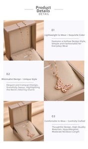 Detail of rose gold butterfly necklace with hollow design and inlaid cubic zirconia