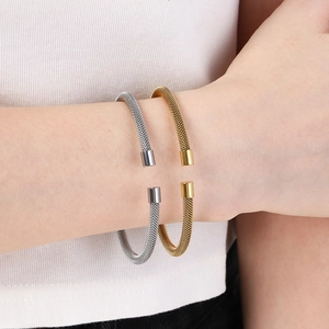 18K gold-plated mesh woven stainless steel open cuff bracelets in gold and silver