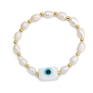 Close-up of freshwater pearl bracelet featuring a rectangular evil eye charm and gold beads