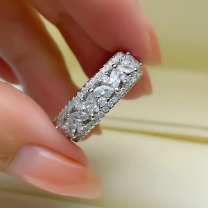 Wide vintage silver ring with marquise and round cut crystals for layered fashion