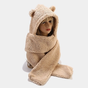 Beige plush bear ear hooded scarf set made of thick fleece for winter outdoor warmth