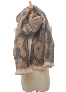 Detail of soft leopard print scarf with fringe edges draped over a mannequin display