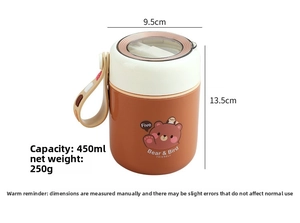 Detailed view of a 450ml orange insulated soup jar with dimensions and cute bear graphics
