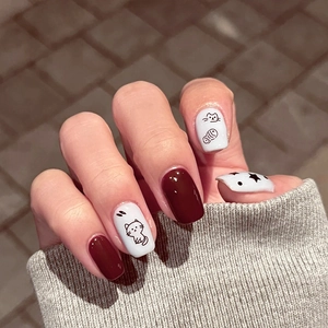 Faux Ongles À Presser Chat De Dessin Animé Mignon Mangeant Du Poisson Court Carré Rond Rouge Bourgogne Blanc Style INS