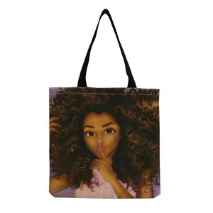 Detailed close-up of artistic female portrait print on durable canvas shopping tote bag