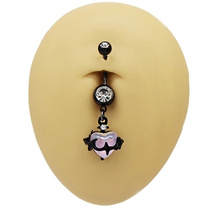 Detail of black heart belly ring with pink opal and white rhinestones on silicone model