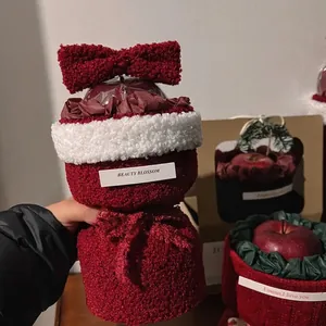 Christmas lamb wool apple gift bag with red bow and plush texture for festive packaging