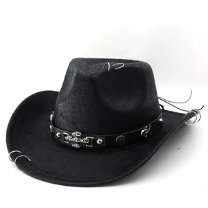 Close-up of black punk cowboy hat with silver skulls, rivets and metallic rings detail