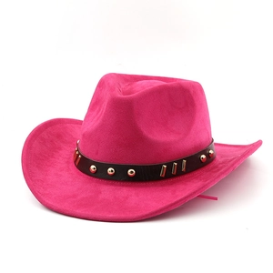 Magenta western cowboy wool felt hat with vintage leather belt and gold metal rivets