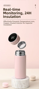 Detail of pink smart thermos cup with LED temperature display and SUS 304 tea infuser