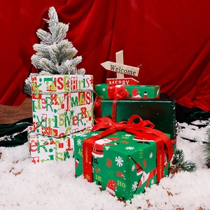Large Christmas gift box set with Santa Claus patterns and festive red silk ribbons