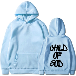 Front and back view of light blue hoodie with CHILD OF GOD letter print on the back