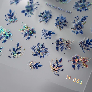 Holographic blue flower nail art stickers M-061 with laser floral leaf designs