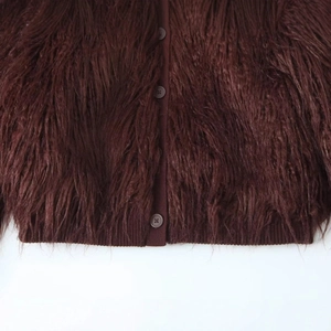 Dark brown faux fur knitted cardigan with three round buttons and ribbed hem details