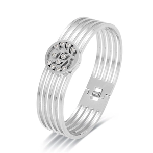 Silver hollow multilayer bangle featuring a tree of life charm with rhinestones and a clasp