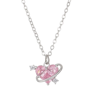Collar de planeta corazón rosa en acabado plata con brillantes circonitas
