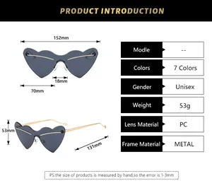 Detailed size specifications and measurements of heart-shaped rimless party sunglasses