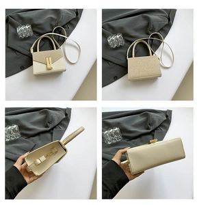 Detail view of cream sequin crossbody bag with gold H-buckle and textured leather panels