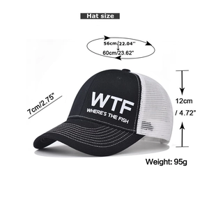 Detailed dimension chart for WTF printed baseball cap showing brim size and head circumference