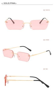 Three-way view of gold rimless sunglasses with pink diamond cut lenses and slim design