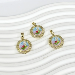 Vintage oil painting enamel pendants with pearl accent and floral landscape design