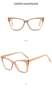 Front and side view of cat eye anti-blue light glasses in coffee champagne finish