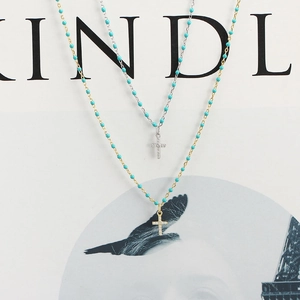 Layered gold and silver S925 cross necklaces with turquoise beads and zircon stones