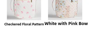 Detailed view of quilted cotton book bags with pink bow print and floral patchwork patterns