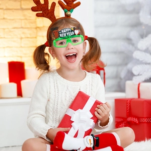 Green LED Christmas glasses with Happy New Year sign and festive cartoon figures