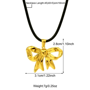 Detailed size specifications for gold bow pendant on black cord necklace with measurements