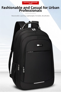 Macro view showing the reinforced metal handle and zipper compartments of this black backpack