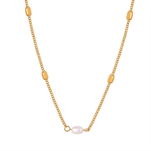 Minimalist gold plated stainless steel necklace featuring oval beads and a pearl pendant
