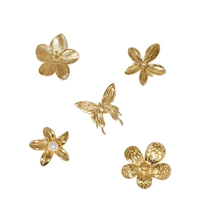 Golden butterfly and flower stainless steel open ring set with pearl detail