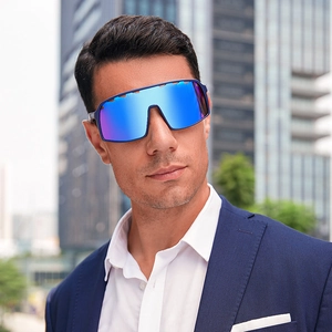 Outdoor sports sunglasses with blue mirrored lens and wide-frame wrap-around design