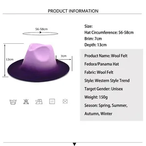 Size chart for purple gradient wool jazz hat with 56-58cm circumference and chic buckle
