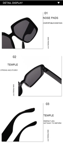 Detail display of black square sunglasses featuring durable hinges and ergonomic temple tips