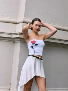 White strapless crop top with red rose print and irregular skirt set for women
