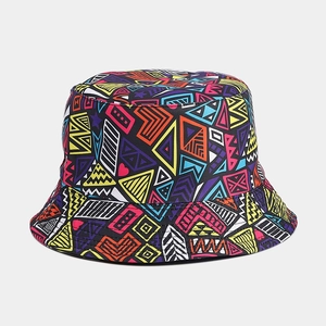 Detailed view of colorful 3D digital geometric print and stitching on sun bucket hat
