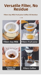 Detailed four-grid view of fine mesh kitchen strainer filtering soy milk, juice, oil, and coffee
