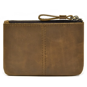 Close-up of vintage brown crazy horse leather texture and zipper on the small coin purse